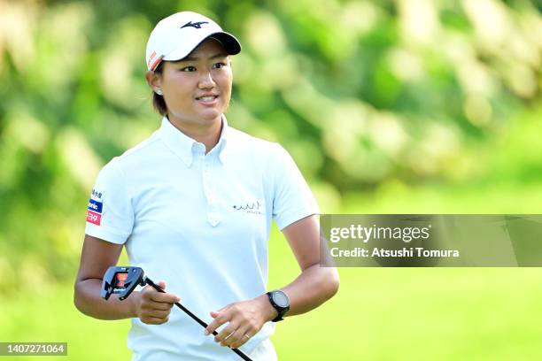 Mao Nozawa of Japan smiles during the first round of Nipponham Ladies Classic at Katsura Golf Club on July 07, 2022 in Tomakomai, Hokkaido, Japan.