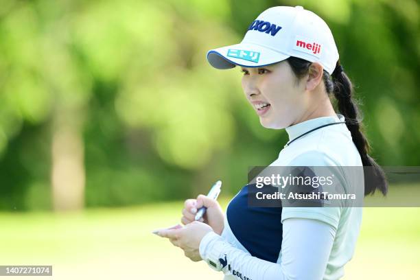 Sakura Koiwai of Japan looks on during the first round of Nipponham Ladies Classic at Katsura Golf Club on July 07, 2022 in Tomakomai, Hokkaido,...