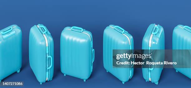 computer generated image of blue suitcases on blue background, tourism and travel concept - airplane 3d stock pictures, royalty-free photos & images