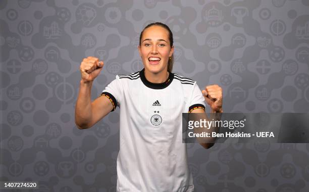 Sydney Lohmann of Germany poses for a portrait during the official UEFA Women's EURO 2022 portrait session on April 04, 2022 in Rheda-Wiedenbruck,...