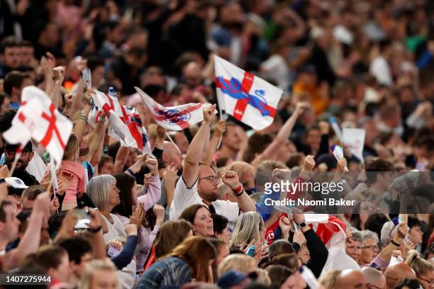 Fans enjoy the match atmosphere during the UEFA Women's Euro England 2022 group A match between England and Austria at Old Trafford on July 06, 2022...