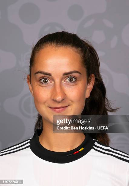 Sara Dabritz of Germany poses for a portrait during the official UEFA Women's EURO 2022 portrait session on April 04, 2022 in Rheda-Wiedenbruck,...