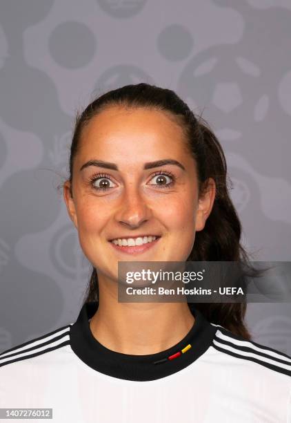 Sara Dabritz of Germany poses for a portrait during the official UEFA Women's EURO 2022 portrait session on April 04, 2022 in Rheda-Wiedenbruck,...