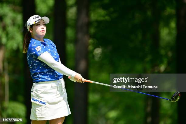 Miyu Goto of Japan hits her tee shot on the 18th hole during the first round of Nipponham Ladies Classic at Katsura Golf Club on July 07, 2022 in...