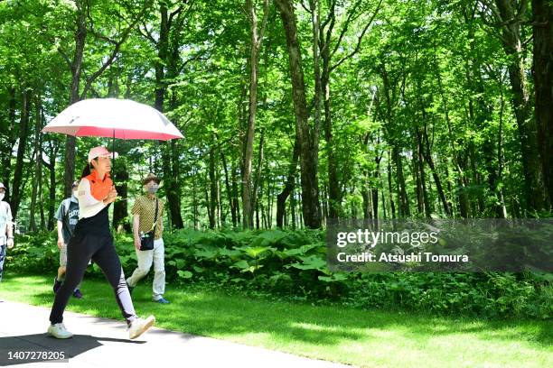 Ayaka Watanabe of Japan looks on during the first round of Nipponham Ladies Classic at Katsura Golf Club on July 07, 2022 in Tomakomai, Hokkaido,...