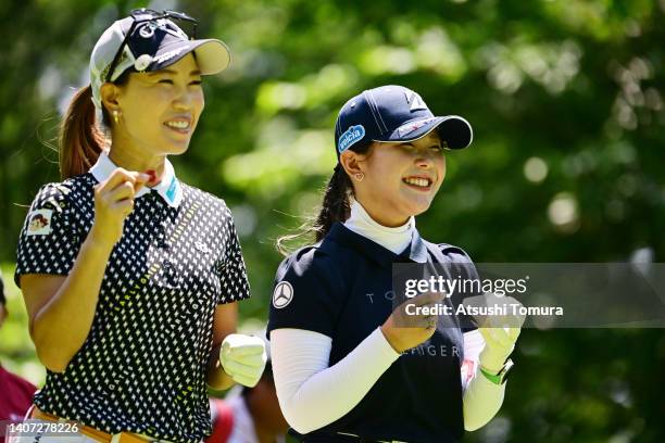 Momoko Ueda of Japan and Yuri Yoshida of Japan smile during the first round of Nipponham Ladies Classic at Katsura Golf Club on July 07, 2022 in...