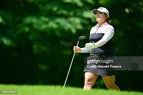 Ai Suzuki of Japan smiles during the first round of Nipponham Ladies Classic at Katsura Golf Club on July 07, 2022 in Tomakomai, Hokkaido, Japan.