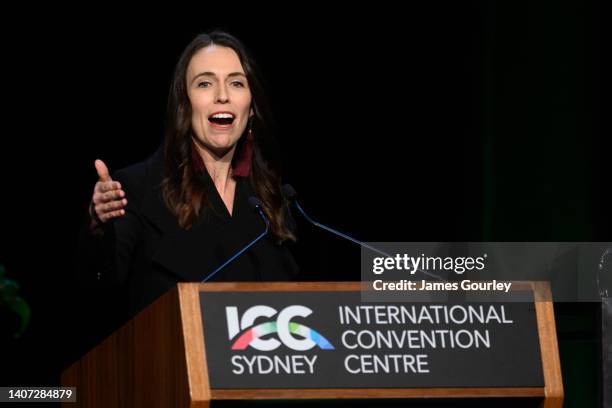 New Zealand Prime Minister Jacinda Ardern speaking at the Australia New Zealand Leadership Forum on July 07, 2022 at the ICC in Sydney, Australia....