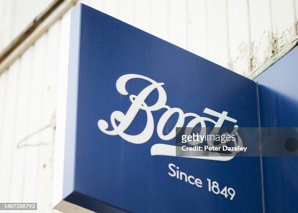 Sign for Boots Chemist on Morden high street on July 7,2022 in London, England.