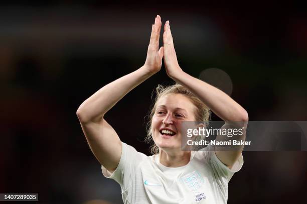 Ellen White of England thanks the fans following the UEFA Women's Euro England 2022 group A match between England and Austria at Old Trafford on July...