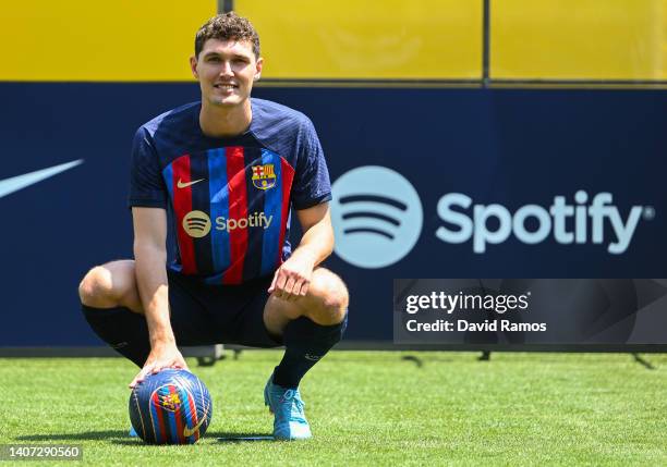 Andreas Christensen poses for the media as he is presented as a FC Barcelona player at Ciutat Esportiva Joan Gamper on July 07, 2022 in Sant Joan...