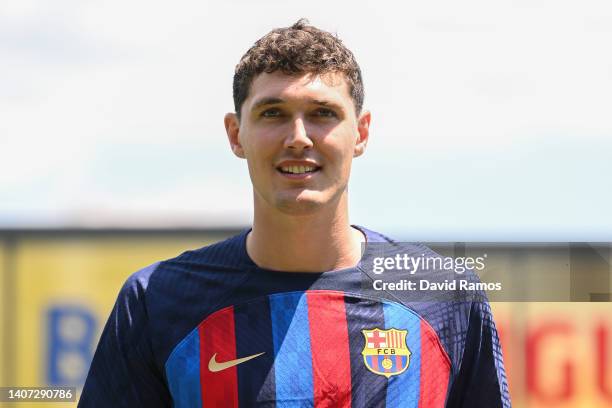 Andreas Christensen poses for the media as he is presented as a FC Barcelona player at Ciutat Esportiva Joan Gamper on July 07, 2022 in Sant Joan...