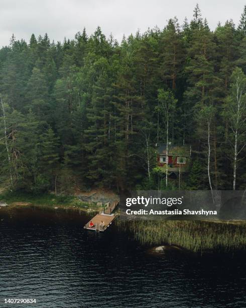 szenische luftaufnahme von frau und mann, die den sommer auf dem pier am see im wald in schweden betrachten - cabin in the woods stock-fotos und bilder
