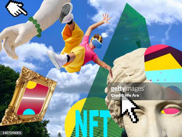 collage of woman falling through the metaverse - op art stockfoto's en -beelden