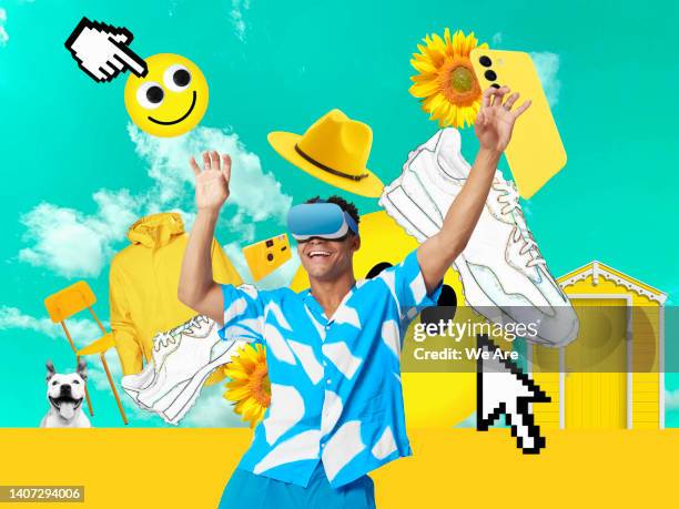 man wearing vr headset interacting with virtual symbols - retail innovation stock pictures, royalty-free photos & images