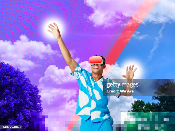 man reaching out with hands in the metaverse - web3 stock pictures, royalty-free photos & images