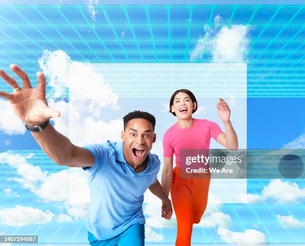 man and woman running to camera in metaverse - global games london stock-fotos und bilder