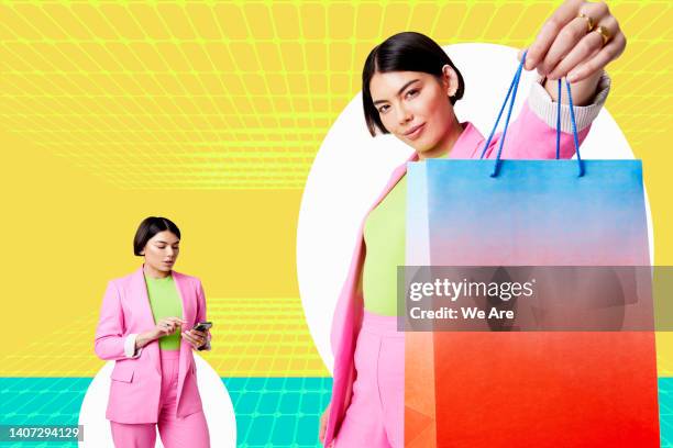 woman holding out shopping bag in digital environment - pink suit stock pictures, royalty-free photos & images