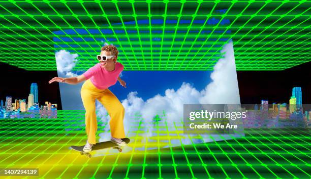 woman gliding through metaverse on skateboard - jeu photos et images de collection