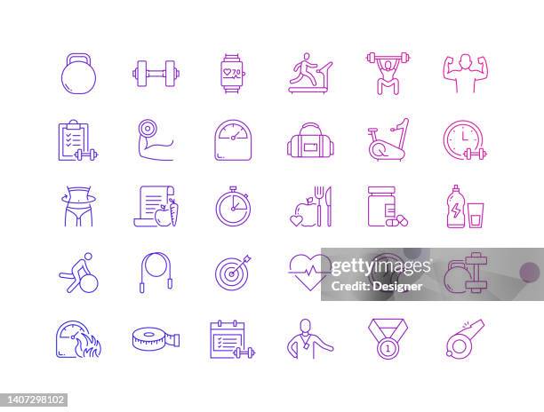 einfache satz von fitness und workout verwandte vektor dünne linie icons. umrisssymbol-auflistung - fitnesseinrichtung stock-grafiken, -clipart, -cartoons und -symbole