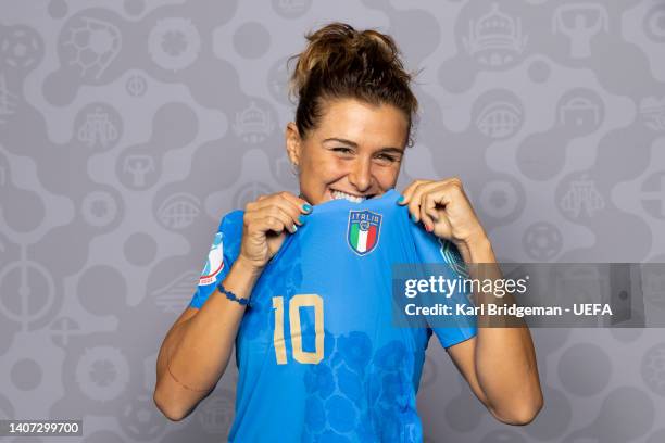 Cristiana Girelli of Italy poses for a portrait during the official UEFA Women's EURO 2022 portrait session on July 06, 2022 in Blackburn, England.