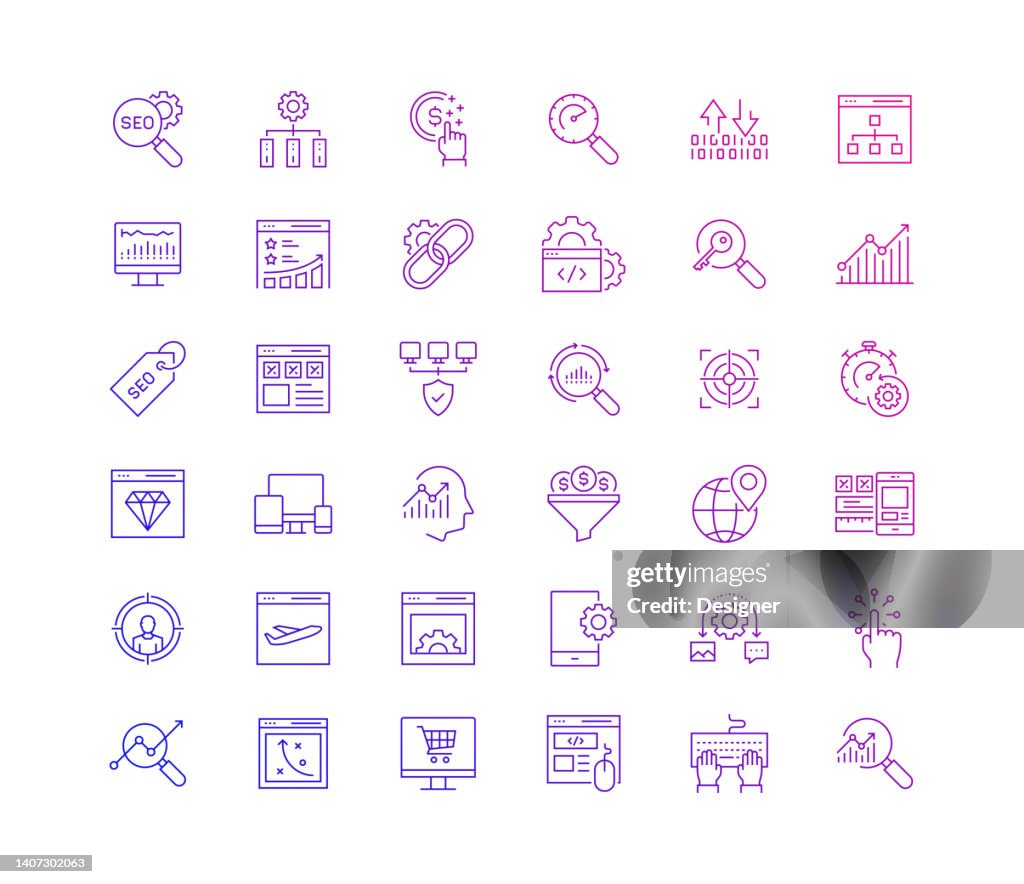 Conjunto simple de iconos de línea fina vectorial relacionada con SEO. Colección de símbolos de esquema