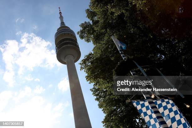 General view of the Olympic Tower, with its overall elevation of 291,28 meters the city’s highest building with a traditional Bavarian maypole , at...