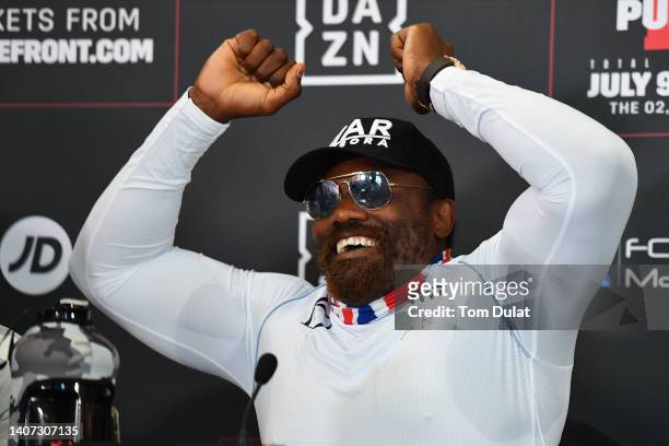 Dereck Chisora speaks to the media during the Chisora v Pulev 2 Press Conference at Canary Riverside Plaza Hotel on July 07, 2022 in London, England.