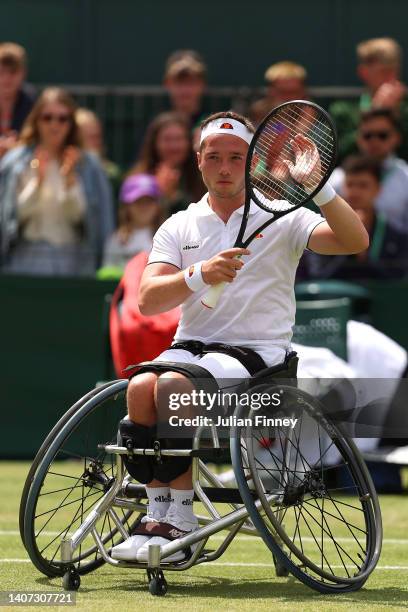 Alfie Hewitt of Great Britain celebrates after winning match point against Gordon Reid of Great Britain during their Men's Wheelchair singles...