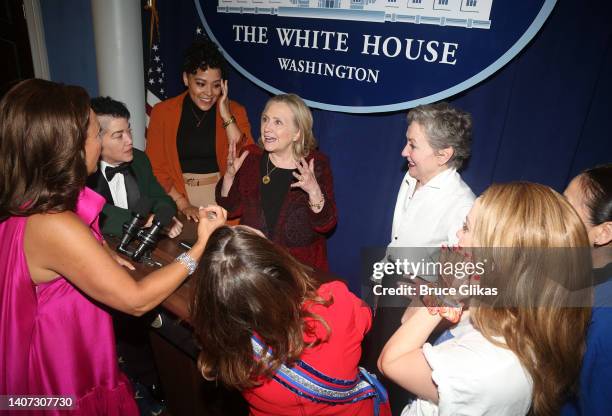 Hillary Clinton chats with the cast backstage at the hit play "POTUS: Or, Behind Every Great Dumbass are Seven Women Trying to Keep Him Alive" on...