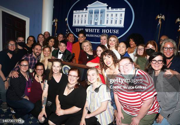 Hillary Clinton poses with the cast, crew and company backstage at the hit play "POTUS: Or, Behind Every Great Dumbass are Seven Women Trying to Keep...