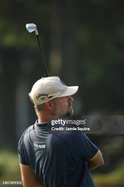 Ryan Moore of the United States plays his tee shot on the ninth hole during the first round of the Barbasol Championship at Keene Trace Golf Club on...