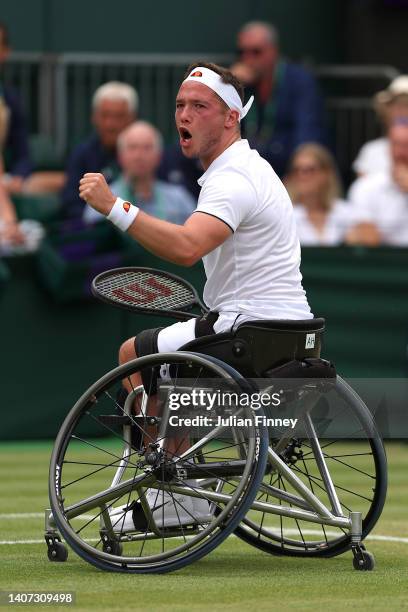 Alfie Hewitt of Great Britain celebrates after winning match point against Gordon Reid of Great Britain during their Men's Wheelchair singles...