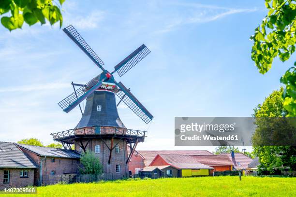germany, lover saxony, aurich, traditional windmill and adjacent houses in summer - molino de viento tradicional fotografías e imágenes de stock