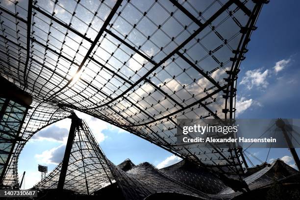Detail view of the tensile membrane iconic roof, the architectural centerpiece of the Olympic Park at the Olympiapark on July 06, 2022 in Munich,...