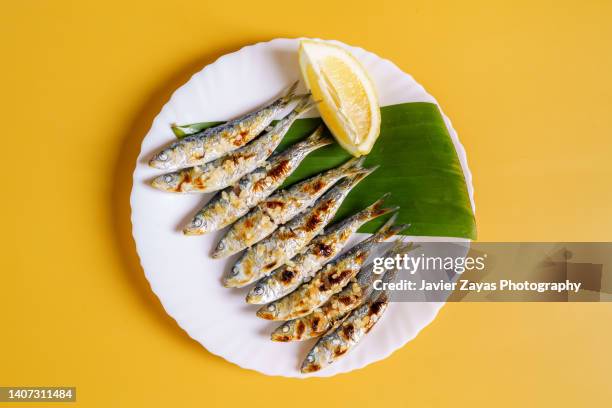plate of freshly cooked grilled sardines - sardine photos et images de collection