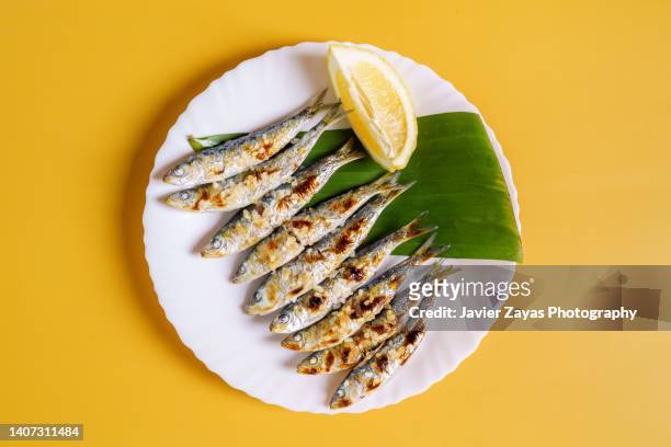 plate of freshly cooked grilled sardines - sardine imagens e fotografias de stock