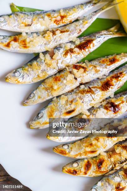 plate of freshly cooked grilled sardines - malaga beach bildbanksfoton och bilder