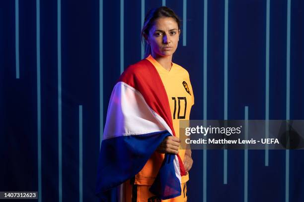 Danielle van de Donk of Netherlands poses for a portrait during the official UEFA Women's EURO 2022 portrait session on July 06, 2022 in Worsley,...