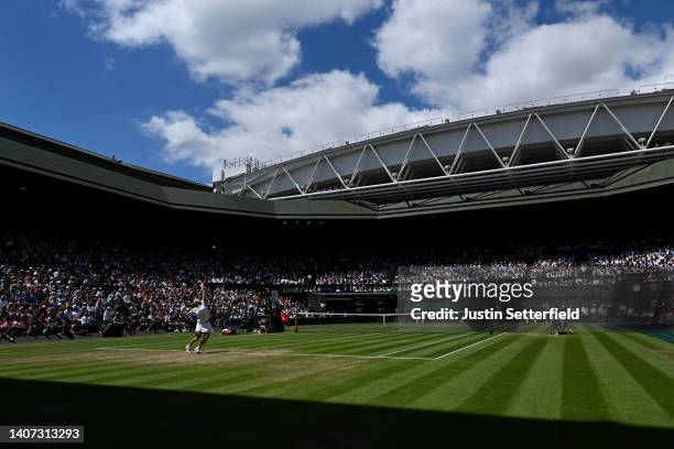 General view inside Centre Court as Ons Jabeur of Tunisia serves against Tatjana Maria of Germany during their Women's Singles Semi-Final match on...