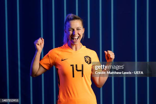 Jackie Groenen of Netherlands poses for a portrait during the official UEFA Women's EURO 2022 portrait session on July 06, 2022 in Worsley, England.