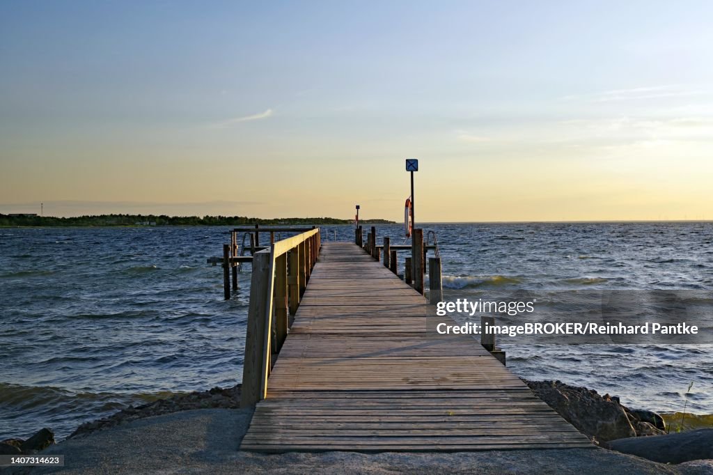 Wooden bathing jetty in the evening light, no persons, Baltic Sea, Oeland, Borgholm, Sweden