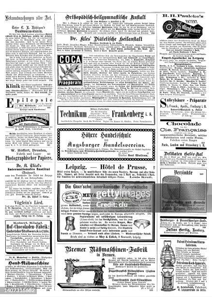 anzeigen in einer deutschen zeitschrift von 1875 einschließlich bremer nähmaschinenfabrik - coca stock-grafiken, -clipart, -cartoons und -symbole