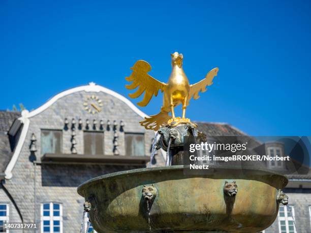 ilustraciones, imágenes clip art, dibujos animados e iconos de stock de golden eagle on the market fountain in front of the kaiserringhaus on the market square, goslar, harz mountains, lower saxony, germany - alemania del este