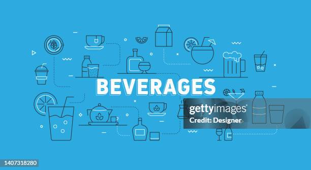 ilustraciones, imágenes clip art, dibujos animados e iconos de stock de banner de línea moderna relacionado con bebidas con iconos - bar bottles background