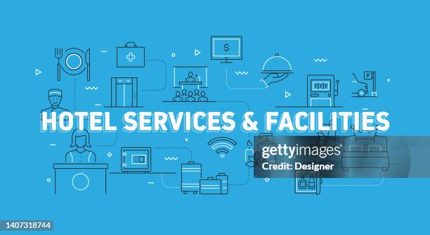 hotel services and facilities related modern line banner with icons - concierge stock illustrations