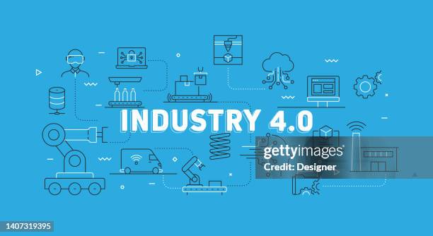 industry 4.0 related modern line banner with icons - computer aided manufacturing stock illustrations