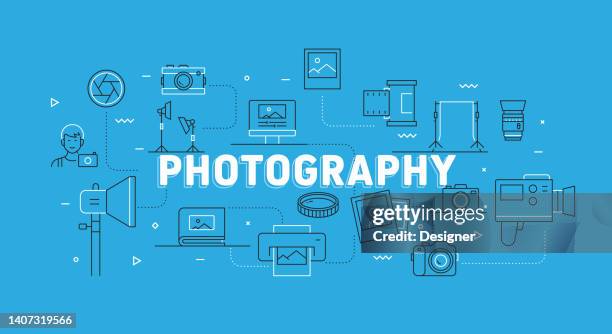 photography related modern line banner with icons - front camera icon stock illustrations