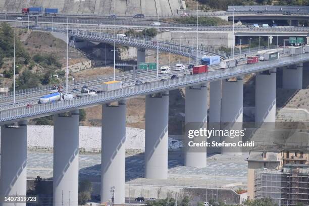 General view of San Giorgio Bridge Highway of Genoa on July 7, 2022 in Genoa, Italy. Forty-three people died when the Morandi Bridge in Genoa...