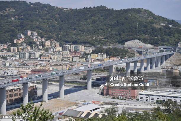 General view of San Giorgio Bridge Highway of Genoa on July 7, 2022 in Genoa, Italy. Forty-three people died when the Morandi Bridge in Genoa...